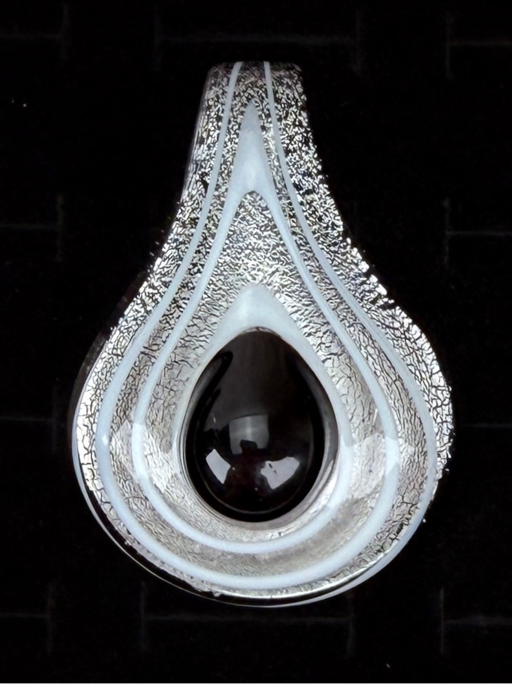 Large Black and Silver Teardrop Blown Glass Pendant + free cord Necklace
